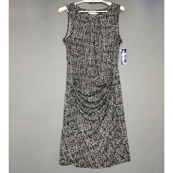 Peter Nygard Runched Sheath Dress Womens 10 Black White Sleek Modern Polished - Picture 1 of 11